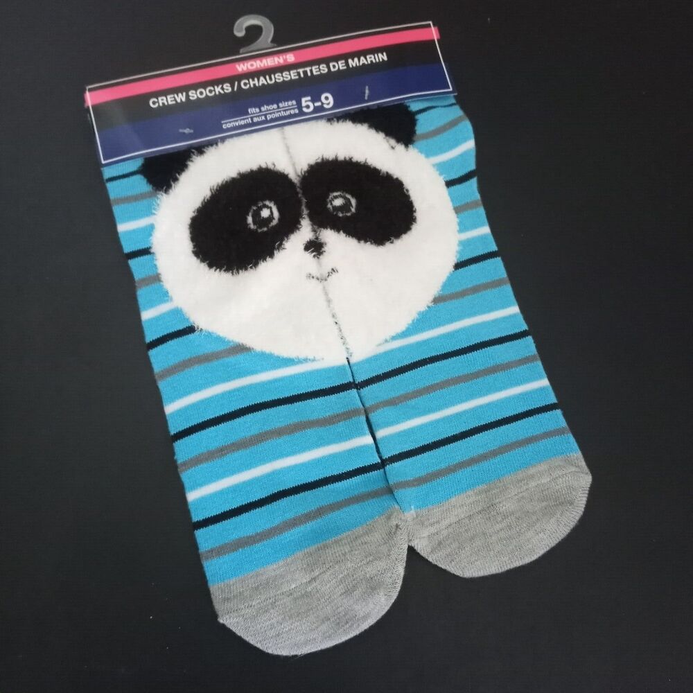 Fuzzy Panda SHARING Socks 2 Part FaceWhite Blue Crew 1 Pair NWT Ladies Shoe 5-10